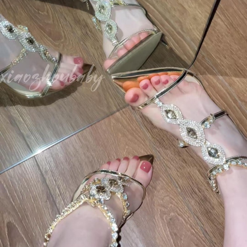 Gold Chain Sandal - Damessandalen Luxe gouden edelsteen hoge hakken